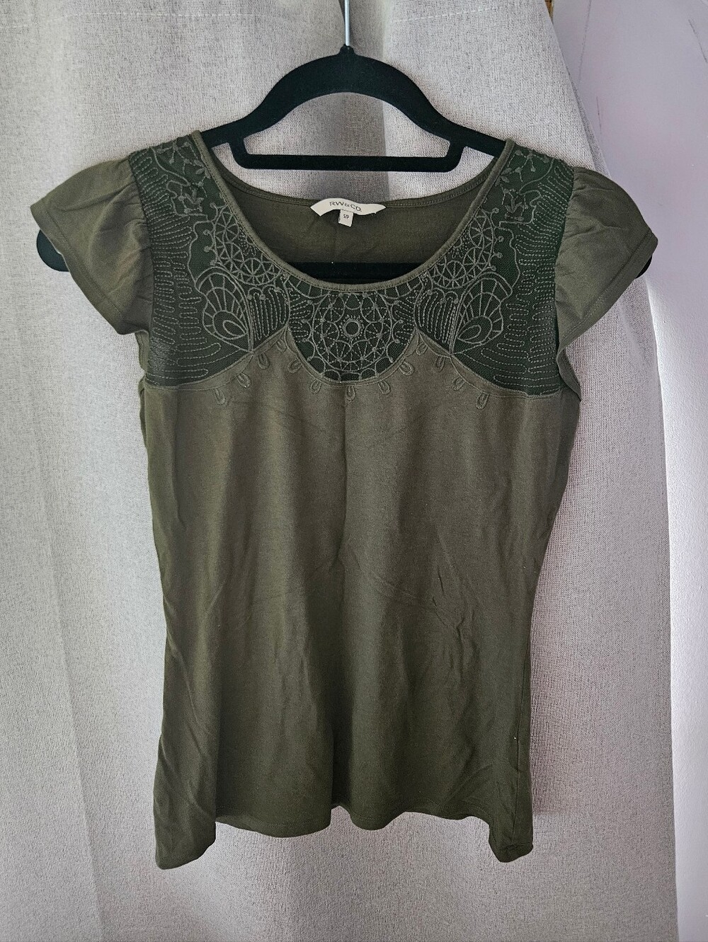 Olive Green Embroidered Scoop Neck Women’s Top